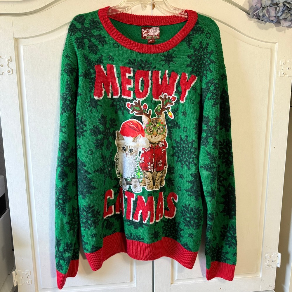 Party Sweater Womens 2XL‎ Green Meowy Catmas Ugly Christmas Sweater